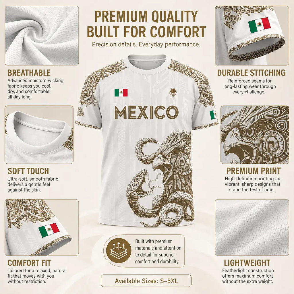 Mexico Jersey White Gold Aztec Eagle Snake Graphic