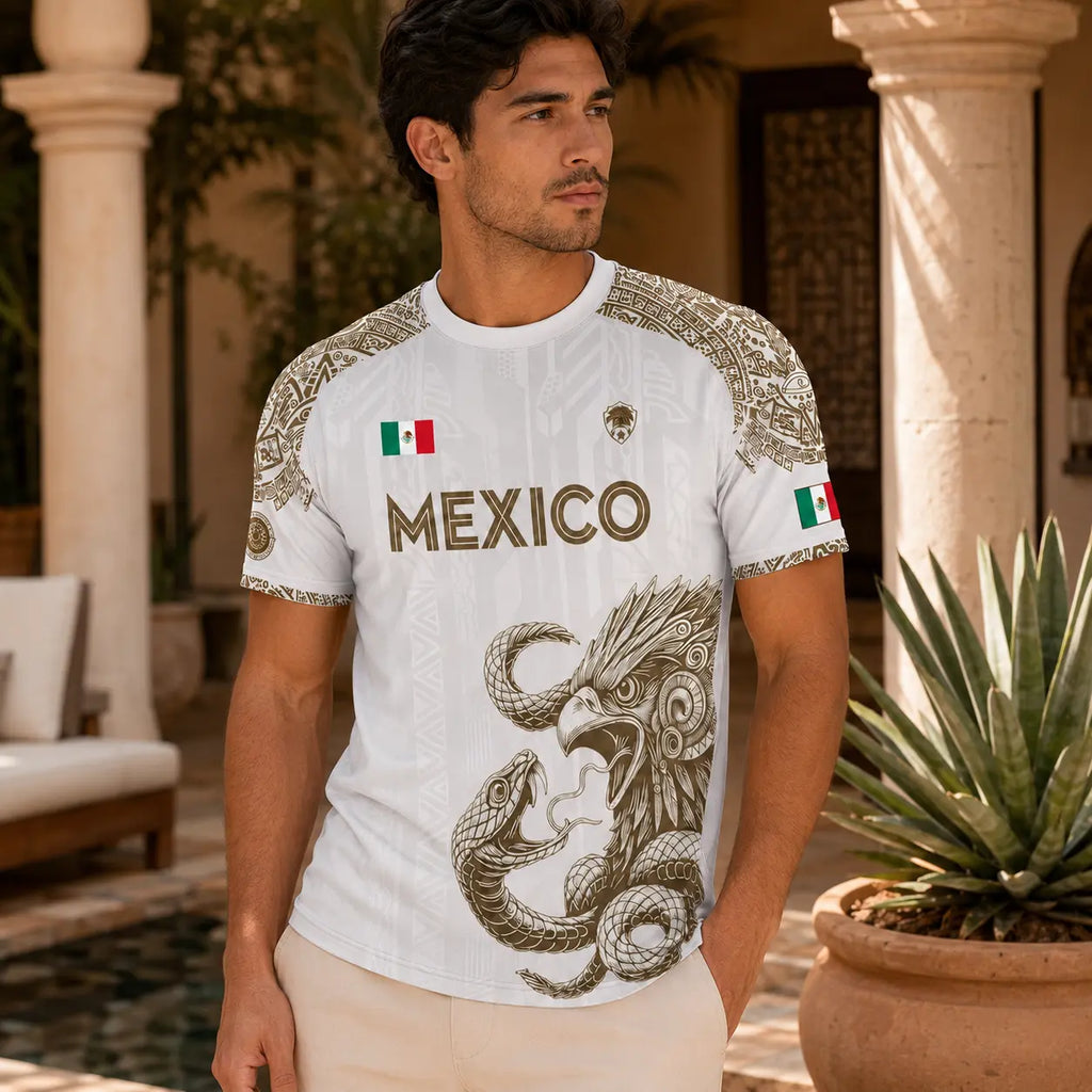Mexico Jersey White Gold Aztec Eagle Snake Graphic