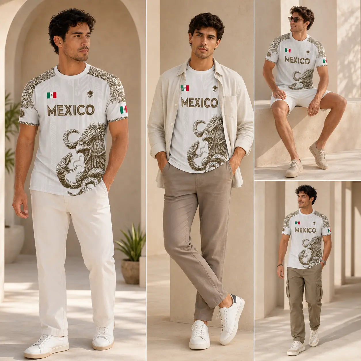 Mexico Jersey White Gold Aztec Eagle Snake Graphic