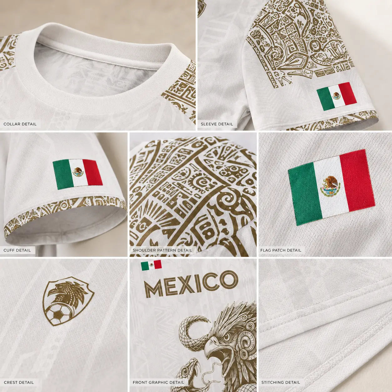 Mexico Jersey White Gold Aztec Eagle Snake Graphic
