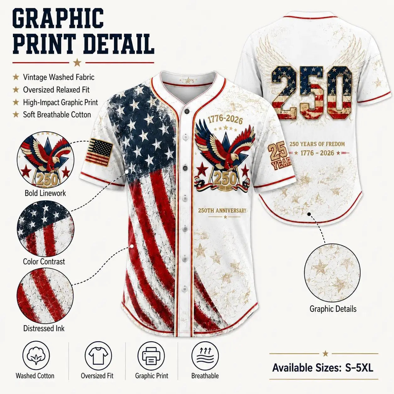 Men'S USA 250Th Anniversary Baseball Jersey Patriotic American Flag Eagle Button down Shirt 1776-2026, Vintage Distressed 4Th of July Independence Day Graphic Tee, Unisex Casual Sports Top for Men Women, White