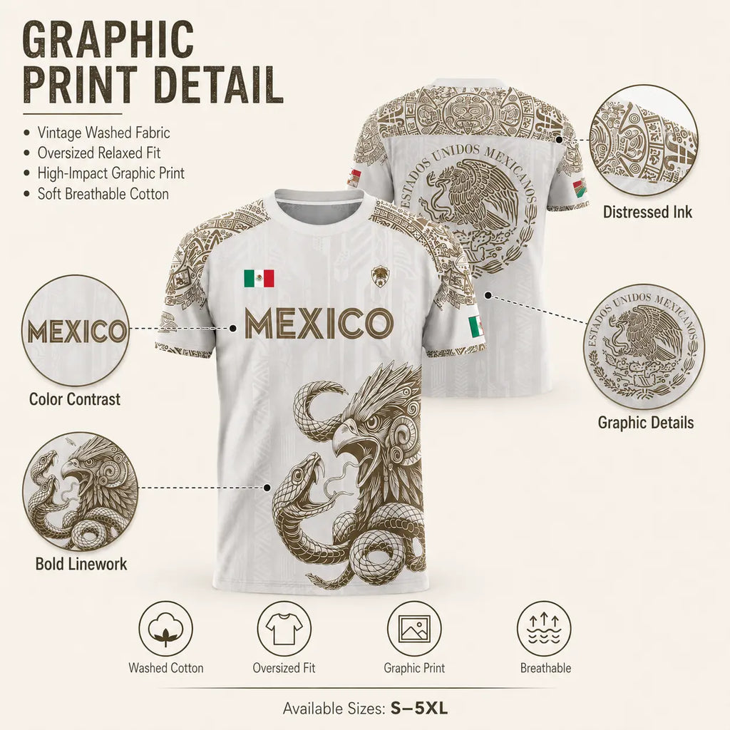 Mexico Jersey White Gold Aztec Eagle Snake Graphic