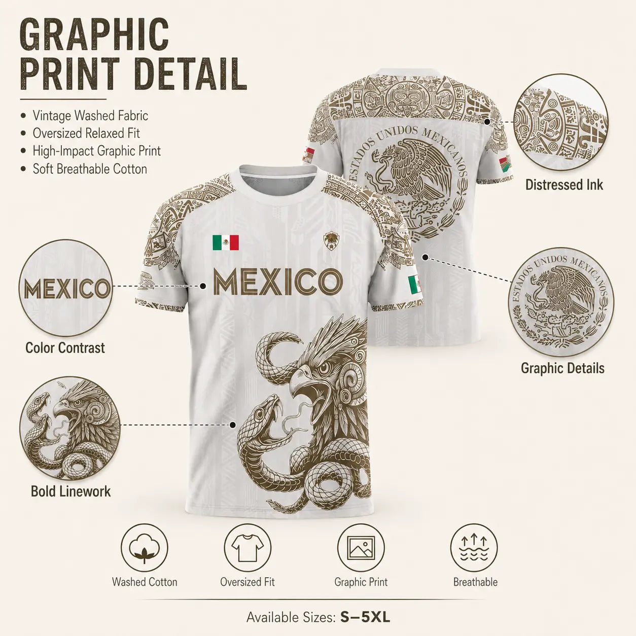 Mexico Jersey White Gold Aztec Eagle Snake Graphic