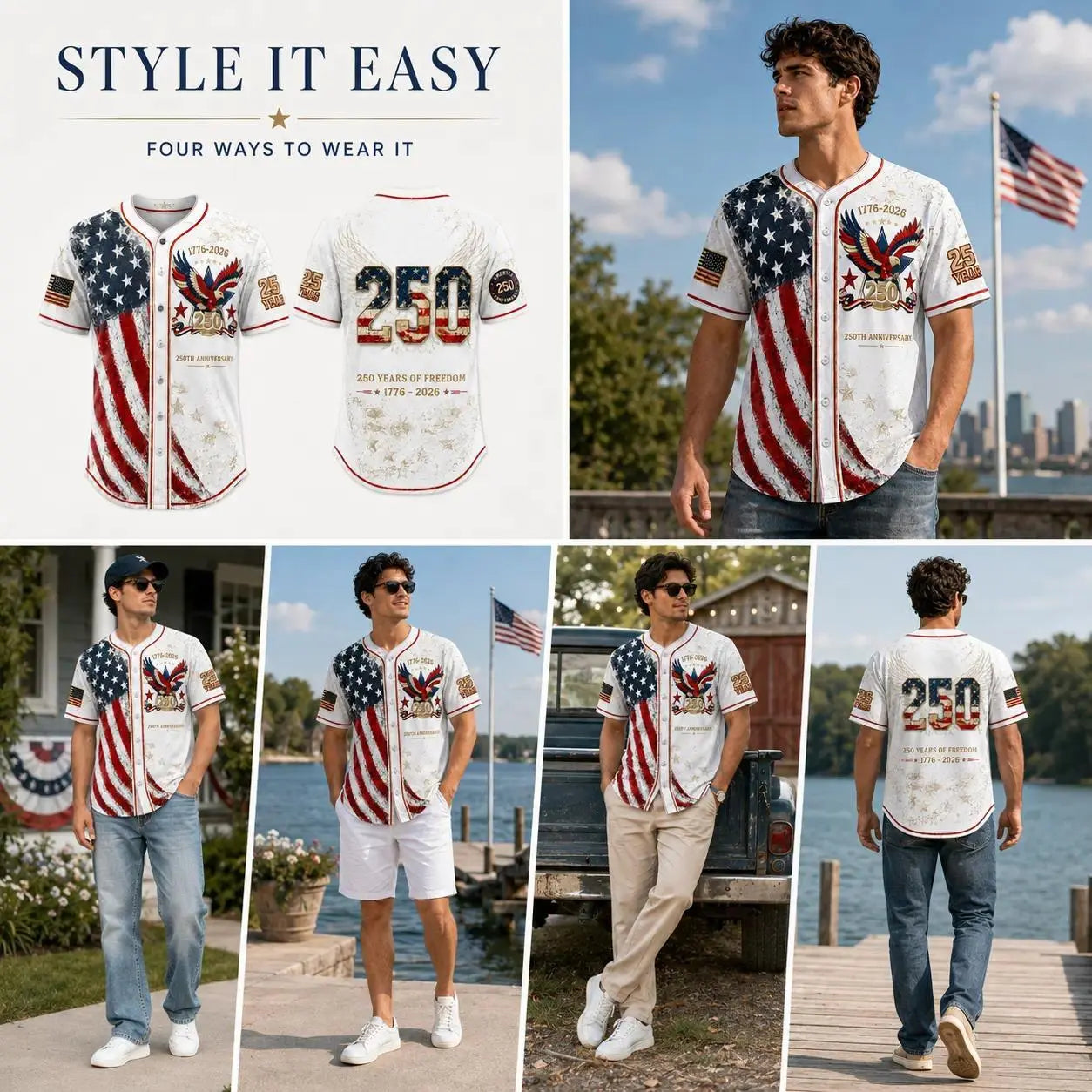 Men'S USA 250Th Anniversary Baseball Jersey Patriotic American Flag Eagle Button down Shirt 1776-2026, Vintage Distressed 4Th of July Independence Day Graphic Tee, Unisex Casual Sports Top for Men Women, White