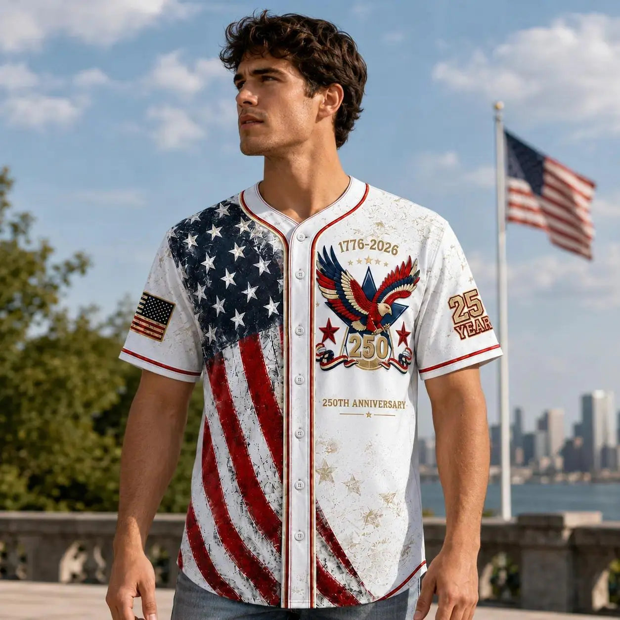 Men'S USA 250Th Anniversary Baseball Jersey Patriotic American Flag Eagle Button down Shirt 1776-2026, Vintage Distressed 4Th of July Independence Day Graphic Tee, Unisex Casual Sports Top for Men Women, White