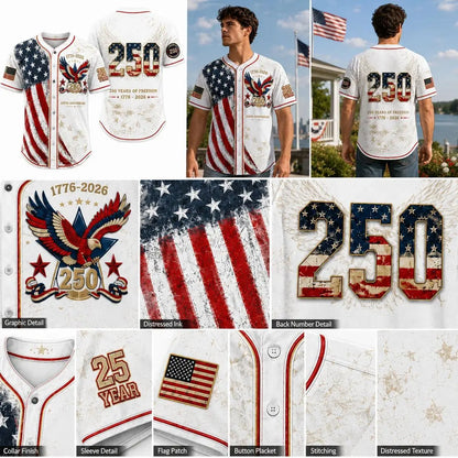 Men'S USA 250Th Anniversary Baseball Jersey Patriotic American Flag Eagle Button down Shirt 1776-2026, Vintage Distressed 4Th of July Independence Day Graphic Tee, Unisex Casual Sports Top for Men Women, White