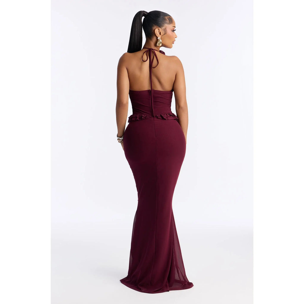 Vintage Mood Mesh Maxi Dress - Wine