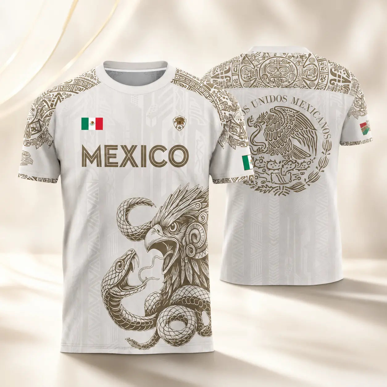 Mexico Jersey White Gold Aztec Eagle Snake Graphic