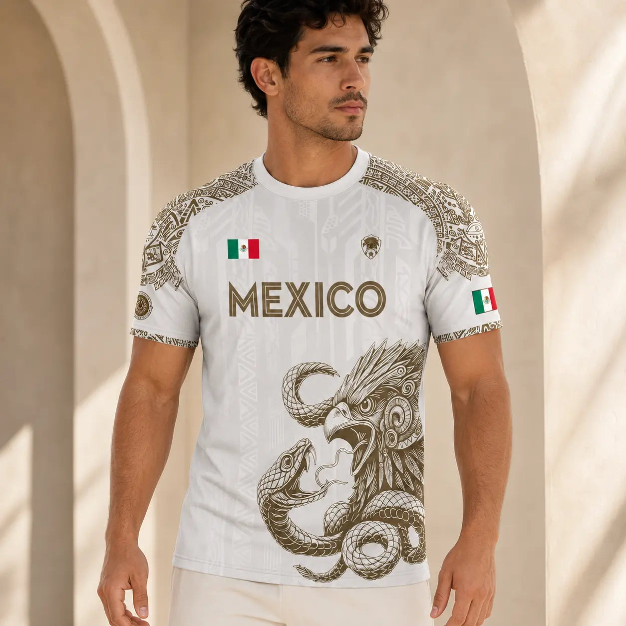 Mexico Jersey White Gold Aztec Eagle Snake Graphic