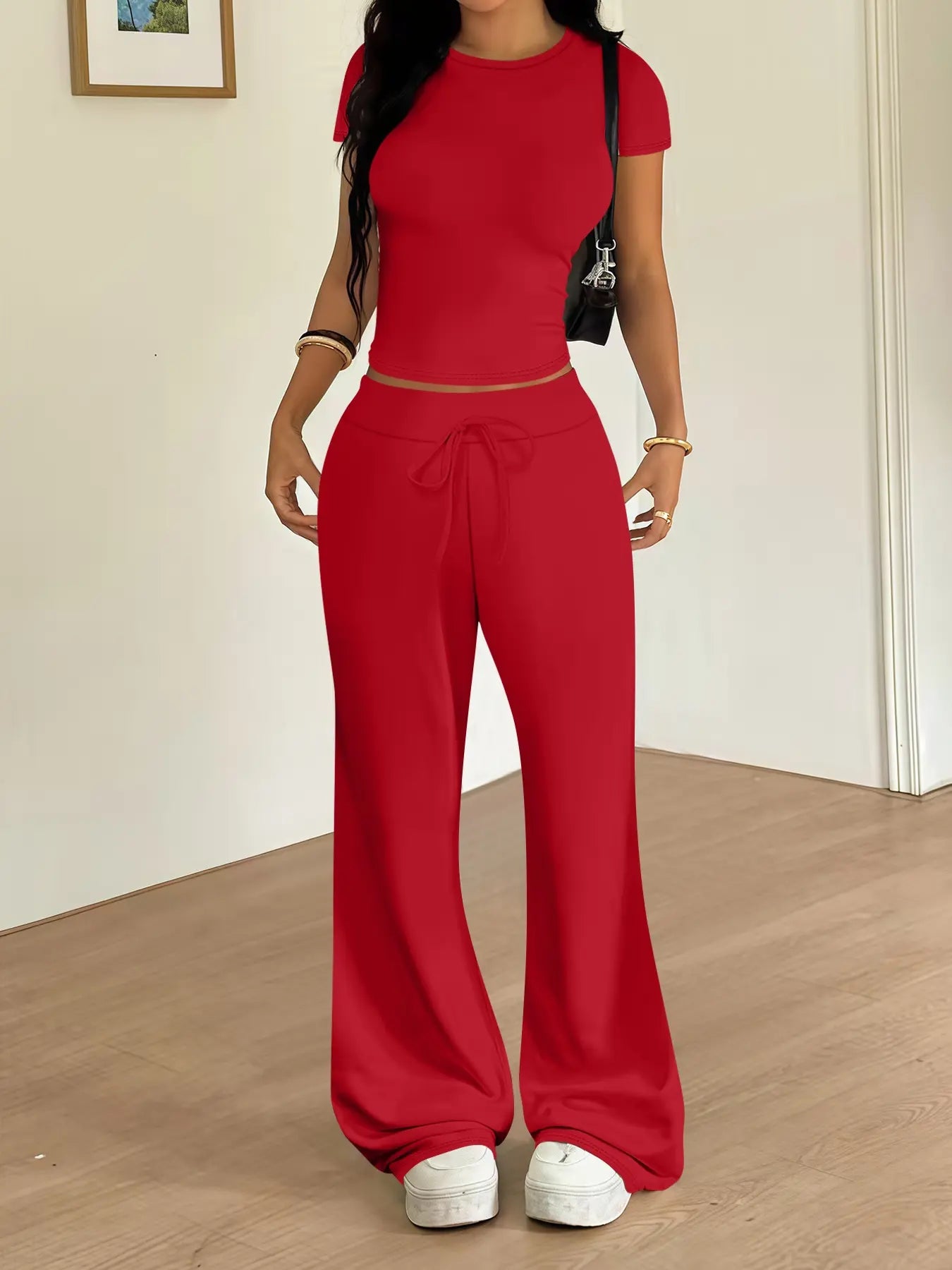 TWO PIECES - Women'S Casual Tight-Fitting T-Shirt and Loose Long Pants