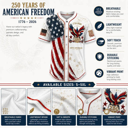 Men'S USA 250Th Anniversary Baseball Jersey Patriotic American Flag Eagle Button down Shirt 1776-2026, Vintage Distressed 4Th of July Independence Day Graphic Tee, Unisex Casual Sports Top for Men Women, White